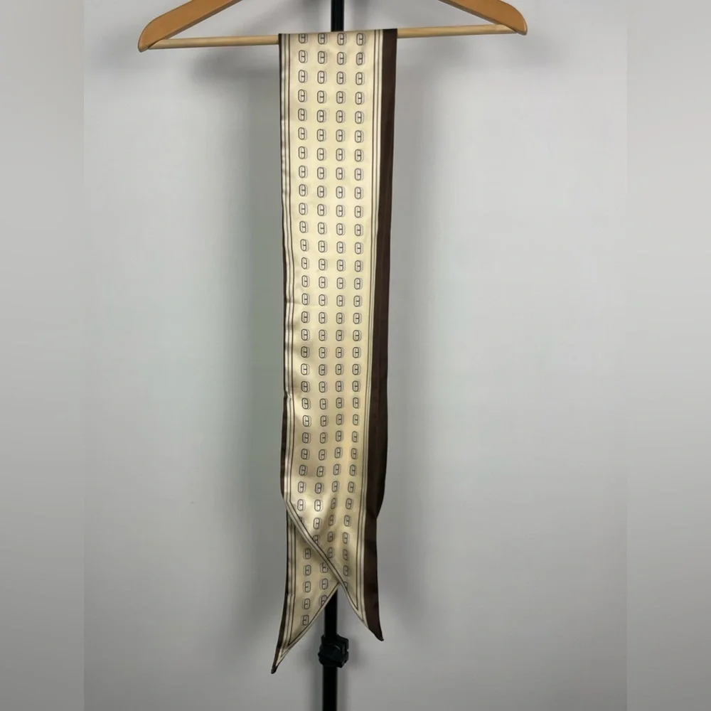 Brown Cream Thin Ribbon Printed Angled Hem Rectangle‎ Scarf